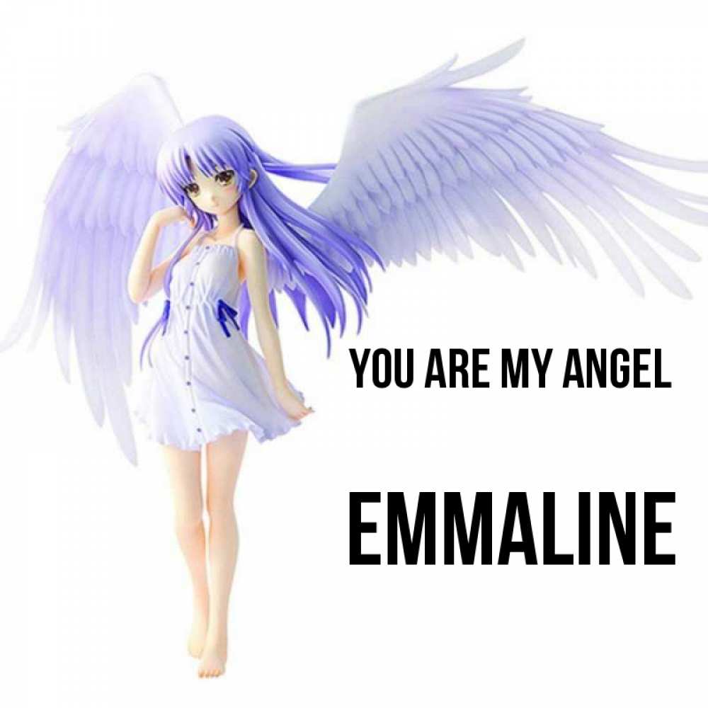 Greetings card с именем, Emmaline You are my angel девушка ангел с фиолетовыми крыльями Greetings with text for free download 