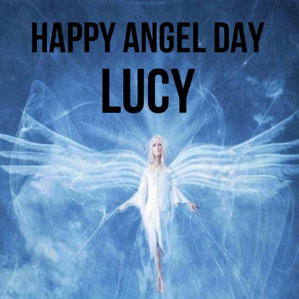 Greetings card с именем, Lucy happy angel day голубой фон и крылья как у стрекозы Greetings with text for free download 
