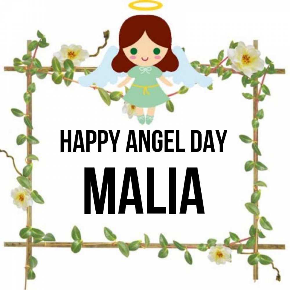 Greetings card с именем, Malia happy angel day Ангел с нимбом Greetings with text for free download 