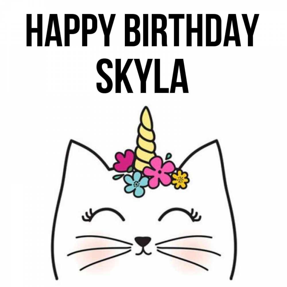 Greetings card с именем, Skyla Happy Birthday милый кот с одним рожком Greetings with text for free download 