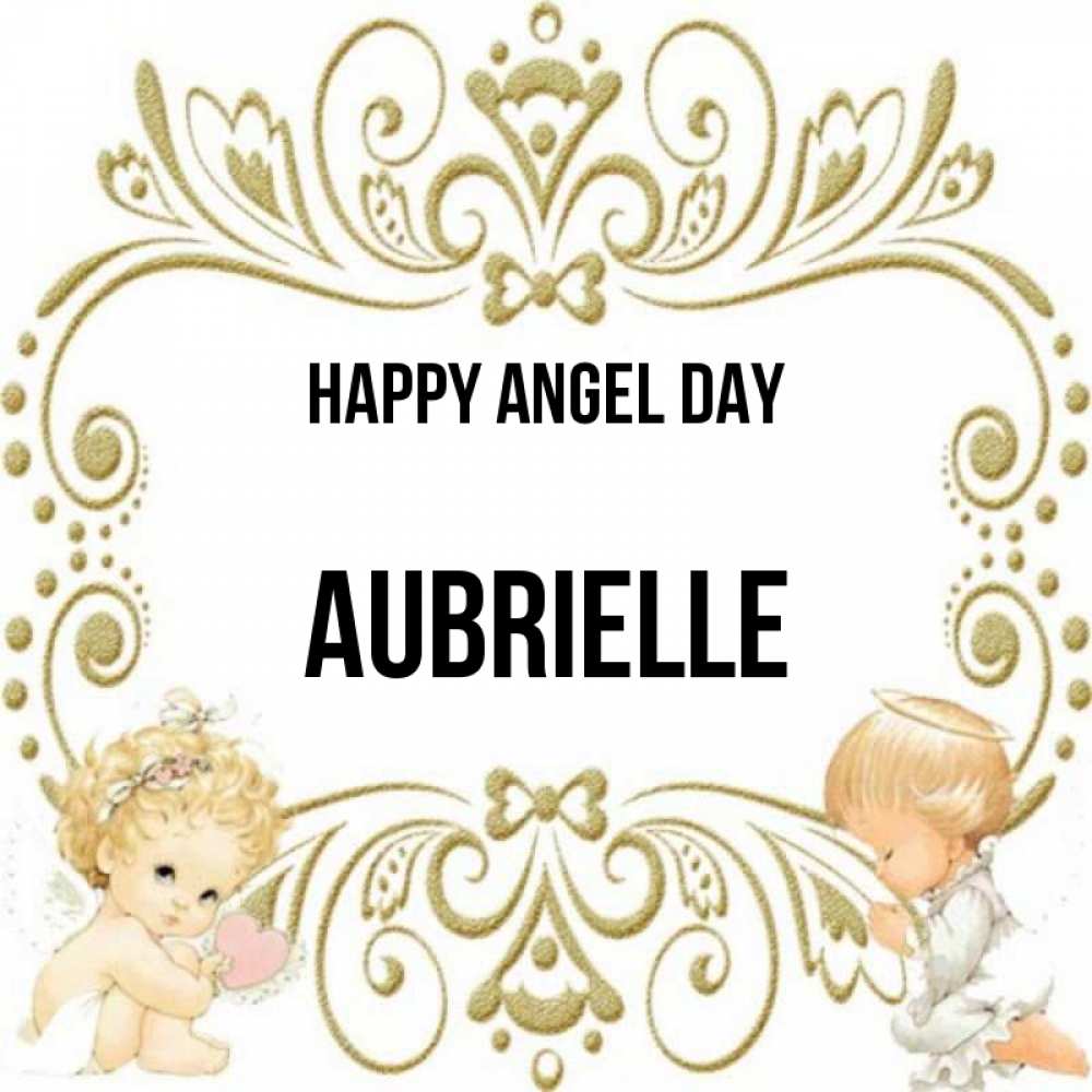 Greetings card с именем, Aubrielle happy angel day с именинами поздравляют два красивых ангела. Один с сердечком другой молится Greetings with text for free download 