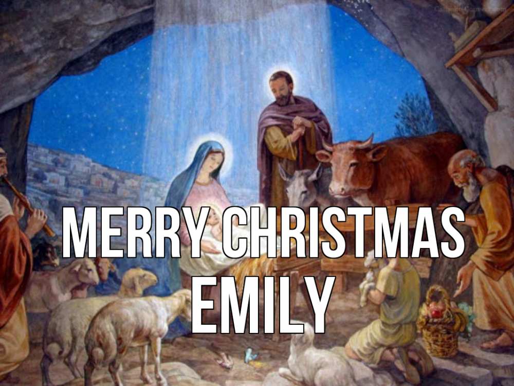 Greetings card с именем, Emily Merry Christmas Хлев с животными, Иисус, рождество Greetings with text for free download 