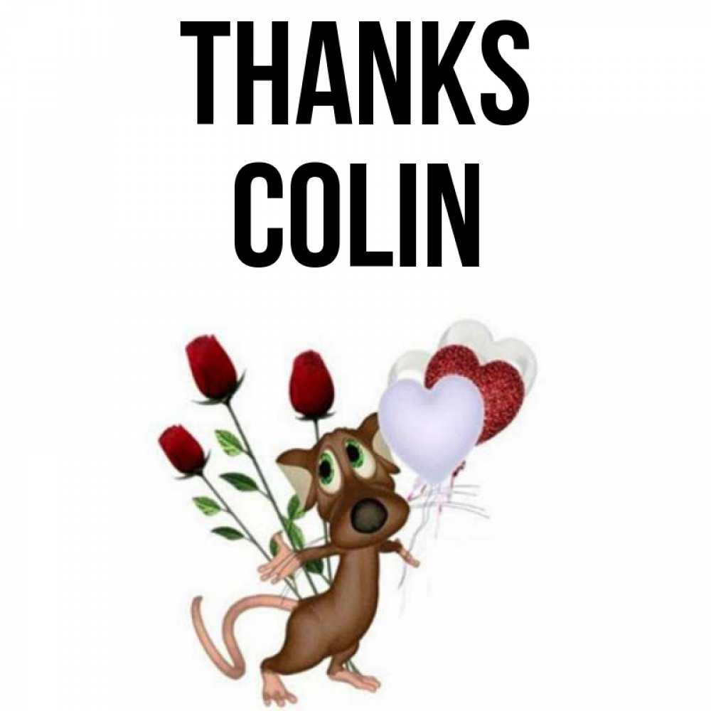 Greetings card с именем, Colin Thanks песик с шариками в форме сердец Greetings with text for free download 