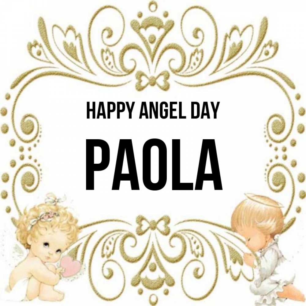 Greetings card с именем, Paola happy angel day с именинами поздравляют два красивых ангела. Один с сердечком другой молится Greetings with text for free download 