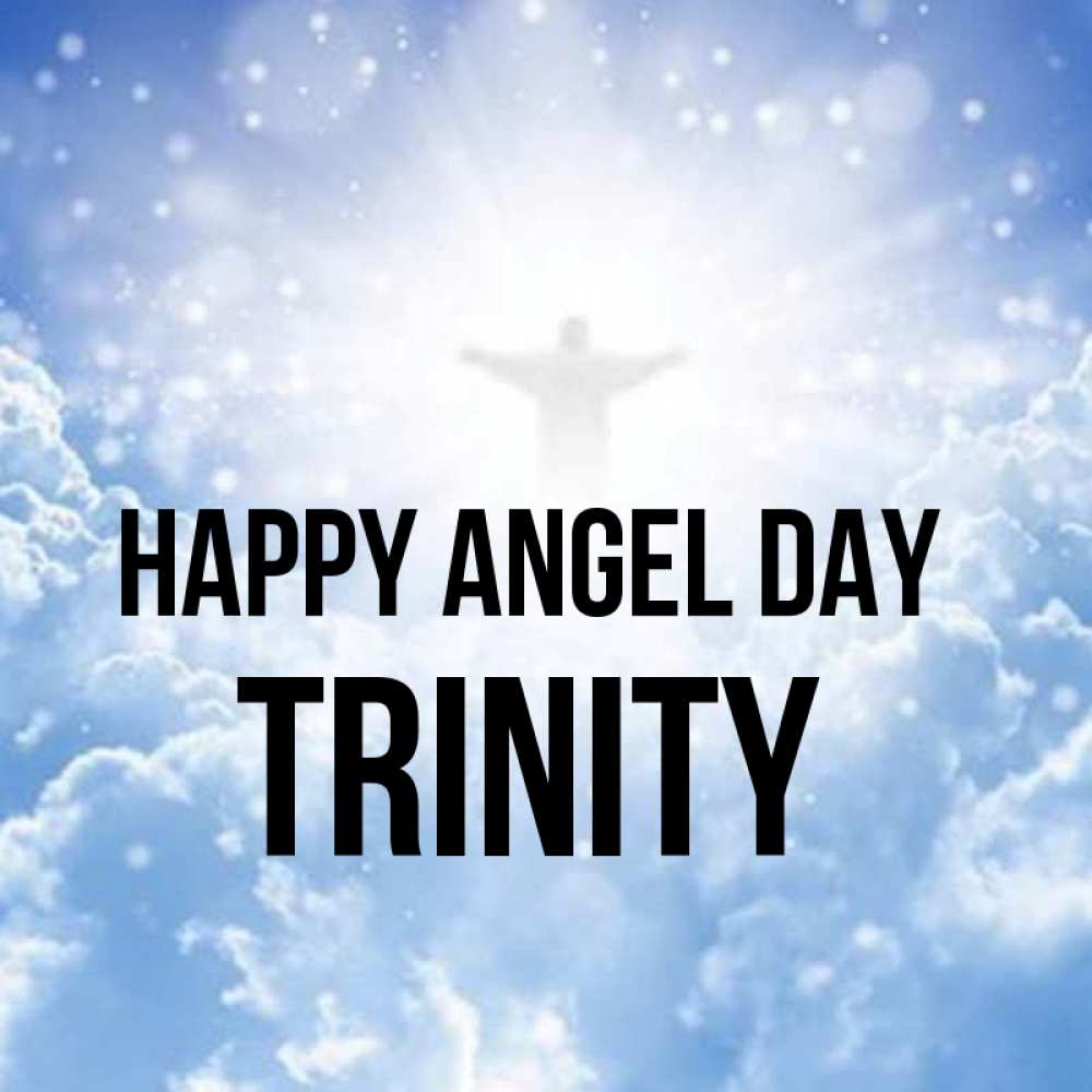 Greetings card с именем, Trinity happy angel day ангел на облаках в свете солнца Greetings with text for free download 