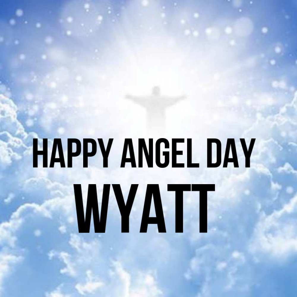 Greetings card с именем, Wyatt happy angel day ангел на облаках в свете солнца Greetings with text for free download 