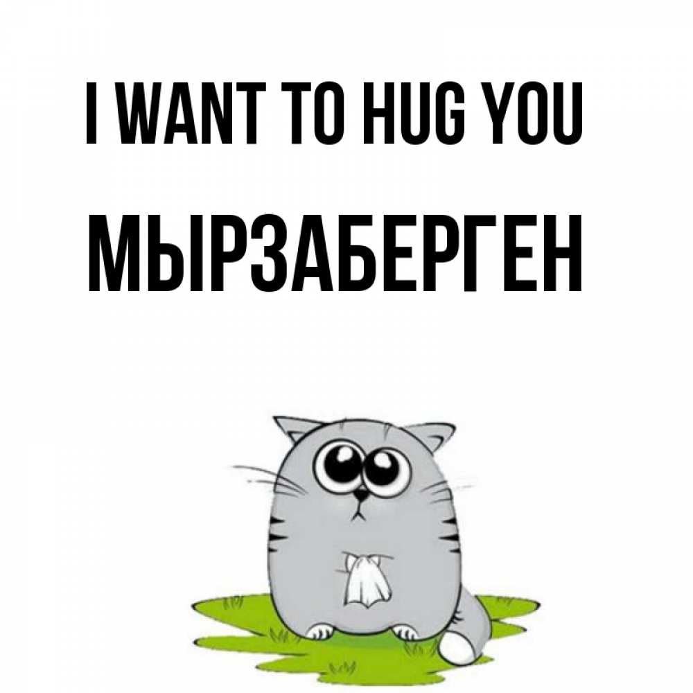 Greetings card с именем, Мырзаберген I want to hug you котик теребит платочек сидя на травке Greetings with text for free download 