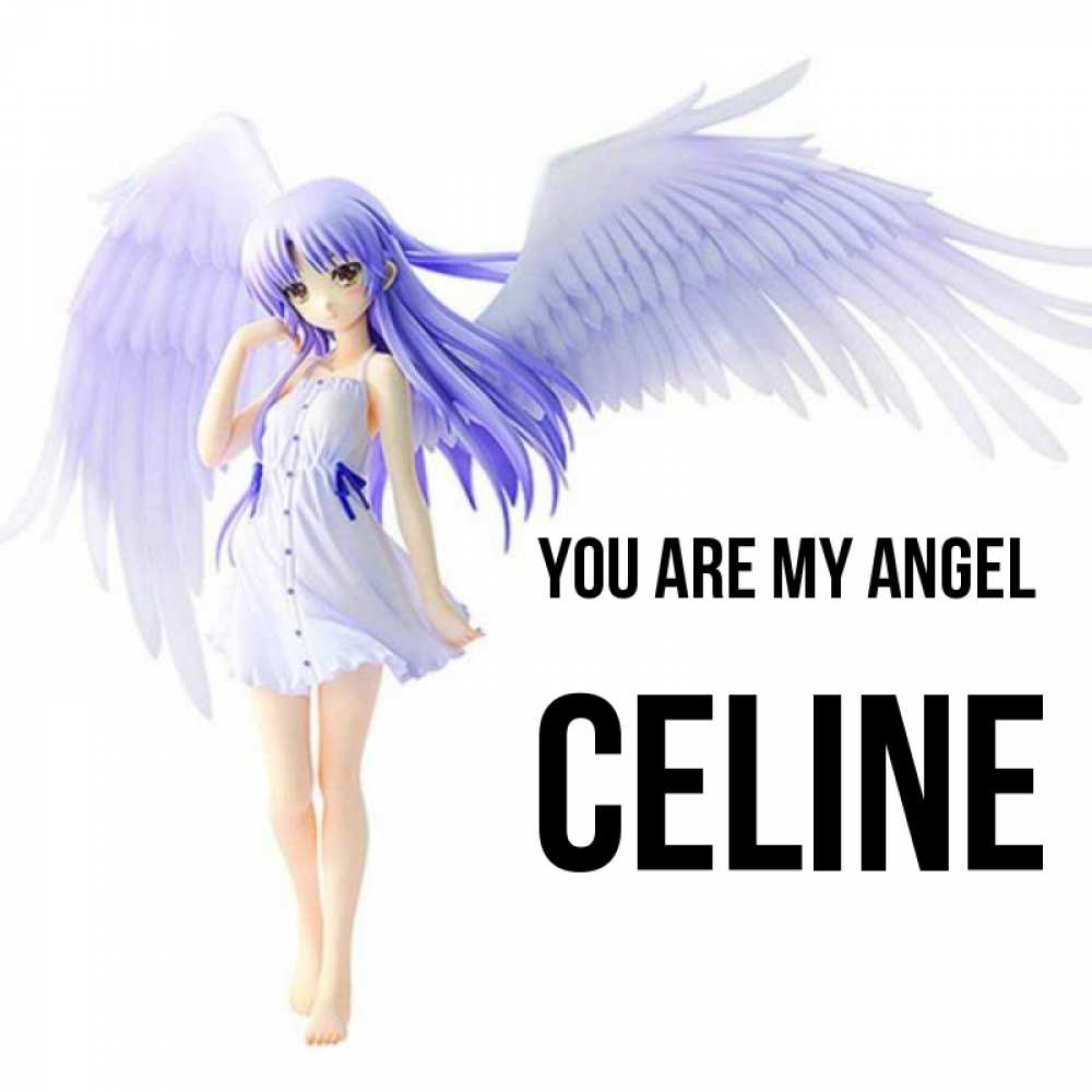 Greetings card с именем, Celine You are my angel девушка ангел с фиолетовыми крыльями Greetings with text for free download 