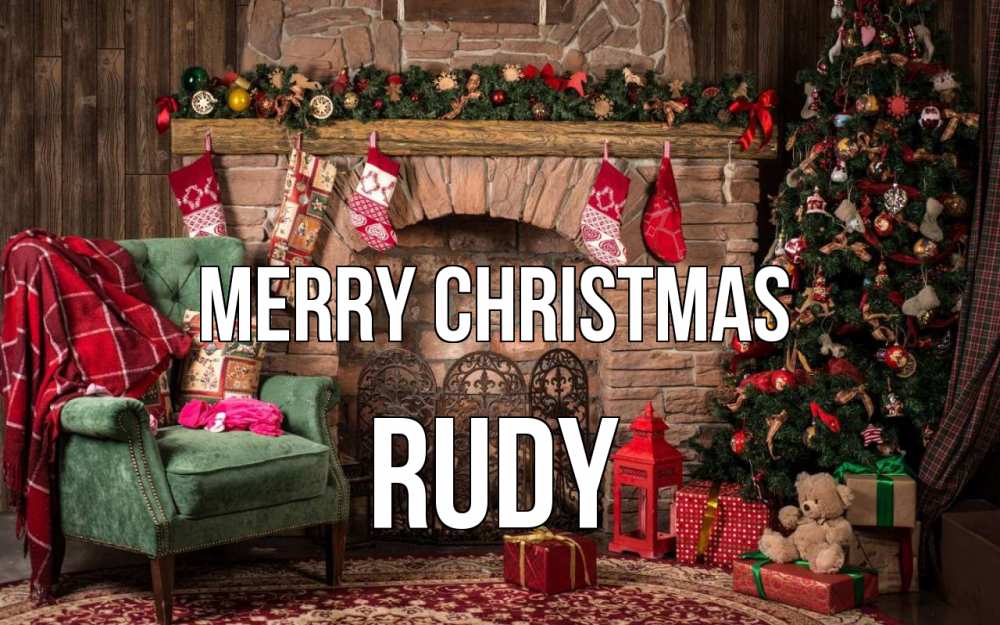 Greetings card с именем, Rudy Merry Christmas рождество, камин, ель Greetings with text for free download 
