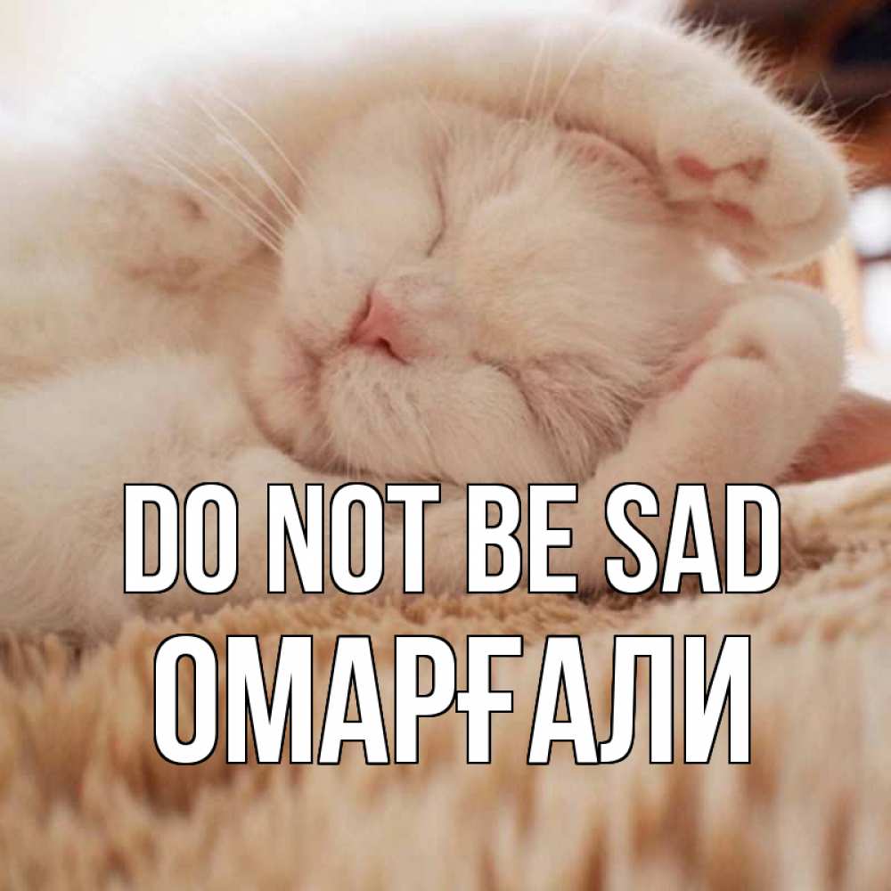 Greetings card с именем, ОМАРҒАЛИ Do not be sad белый кот Greetings with text for free download 