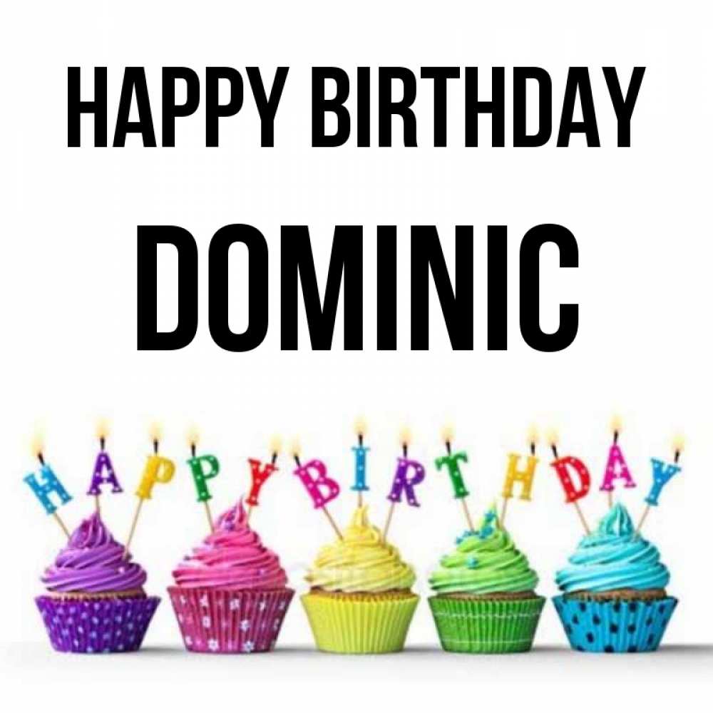 Greetings card с именем, Dominic Happy Birthday открытка ко дню рождения с разноцветными вкусняшками Greetings with text for free download 