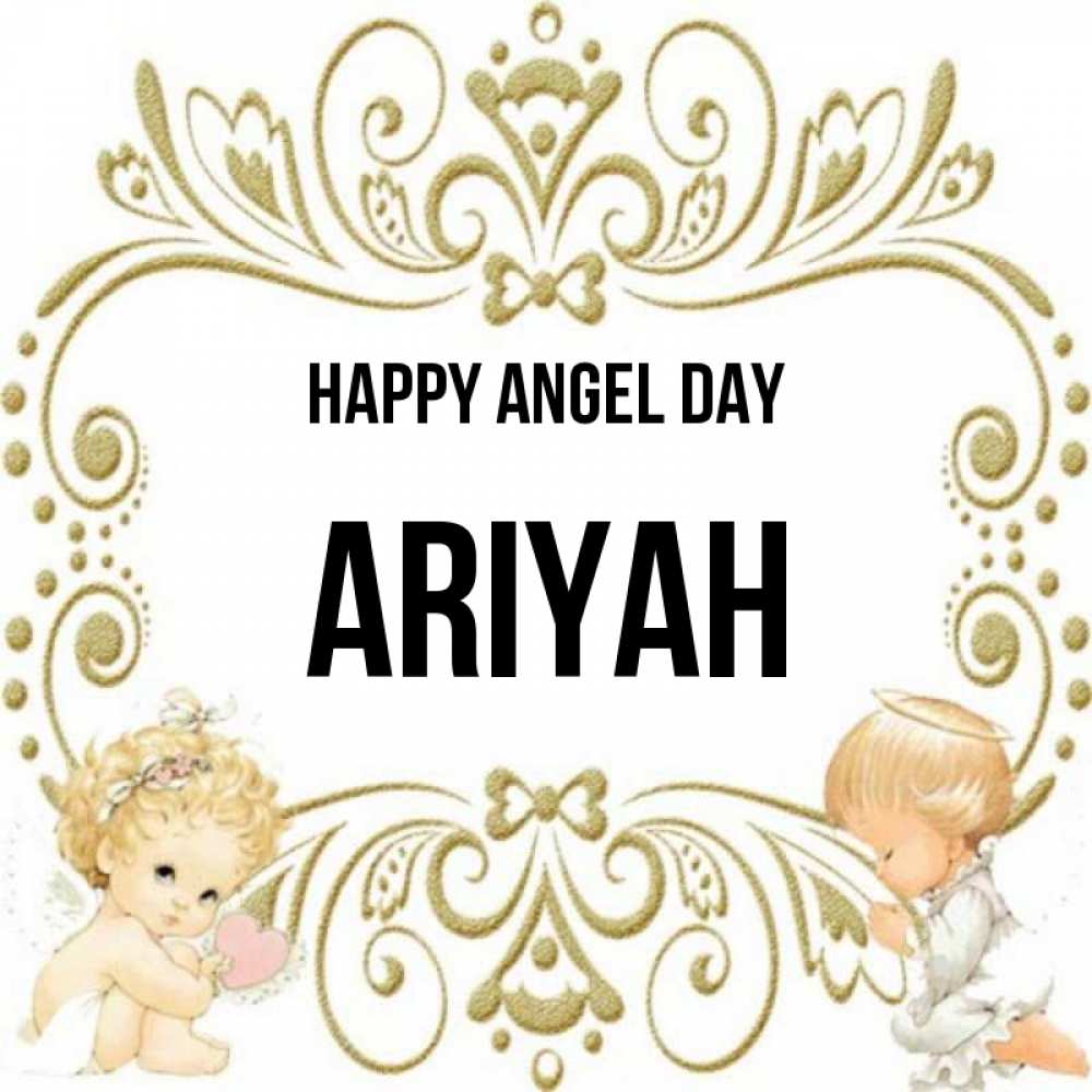 Greetings card с именем, Ariyah happy angel day с именинами поздравляют два красивых ангела. Один с сердечком другой молится Greetings with text for free download 