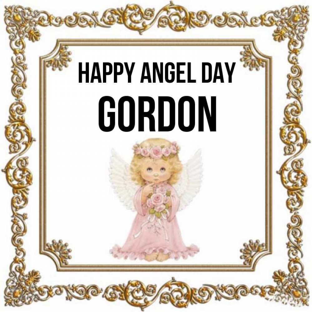 Greetings card с именем, Gordon happy angel day девочка ангел с крыльями и цветами в розовом платье Greetings with text for free download 
