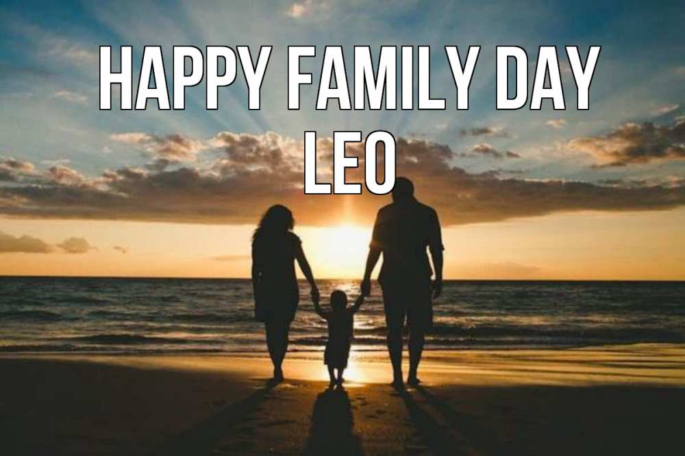 Greetings card с именем, Leo happy family day Море, пляж, закат, семья Greetings with text for free download 