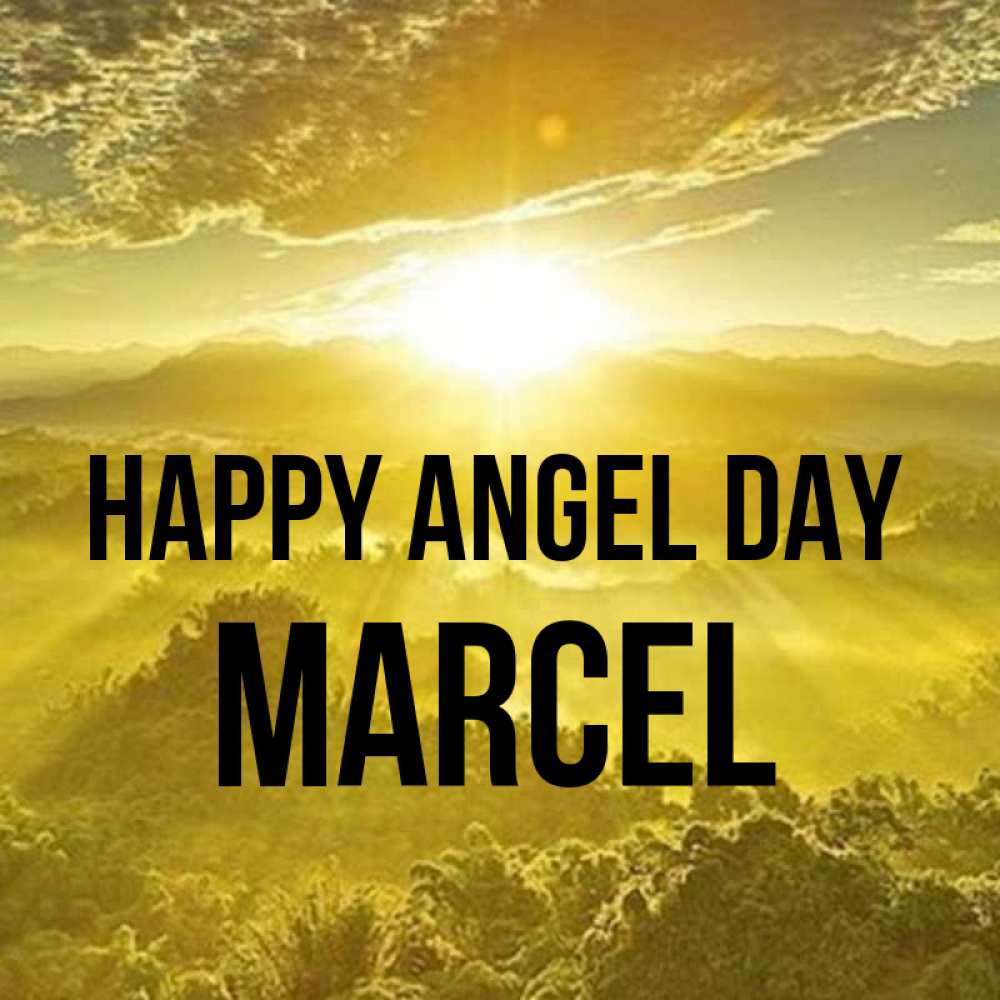 Greetings card с именем, Marcel happy angel day леса и небо в желтом Greetings with text for free download 