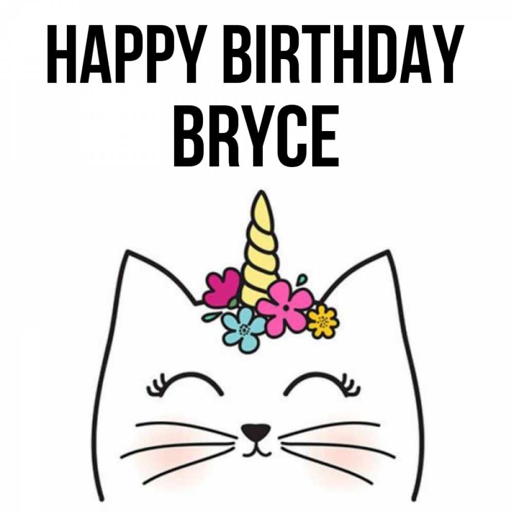 Greetings card с именем, Bryce Happy Birthday милый кот с одним рожком Greetings with text for free download 