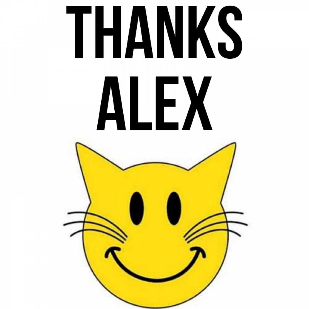 Greetings card с именем, Alex Thanks улыбающийся смайл кот Greetings with text for free download 
