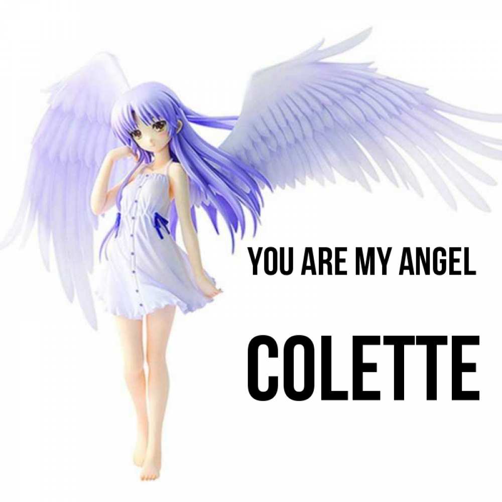 Greetings card с именем, Colette You are my angel девушка ангел с фиолетовыми крыльями Greetings with text for free download 