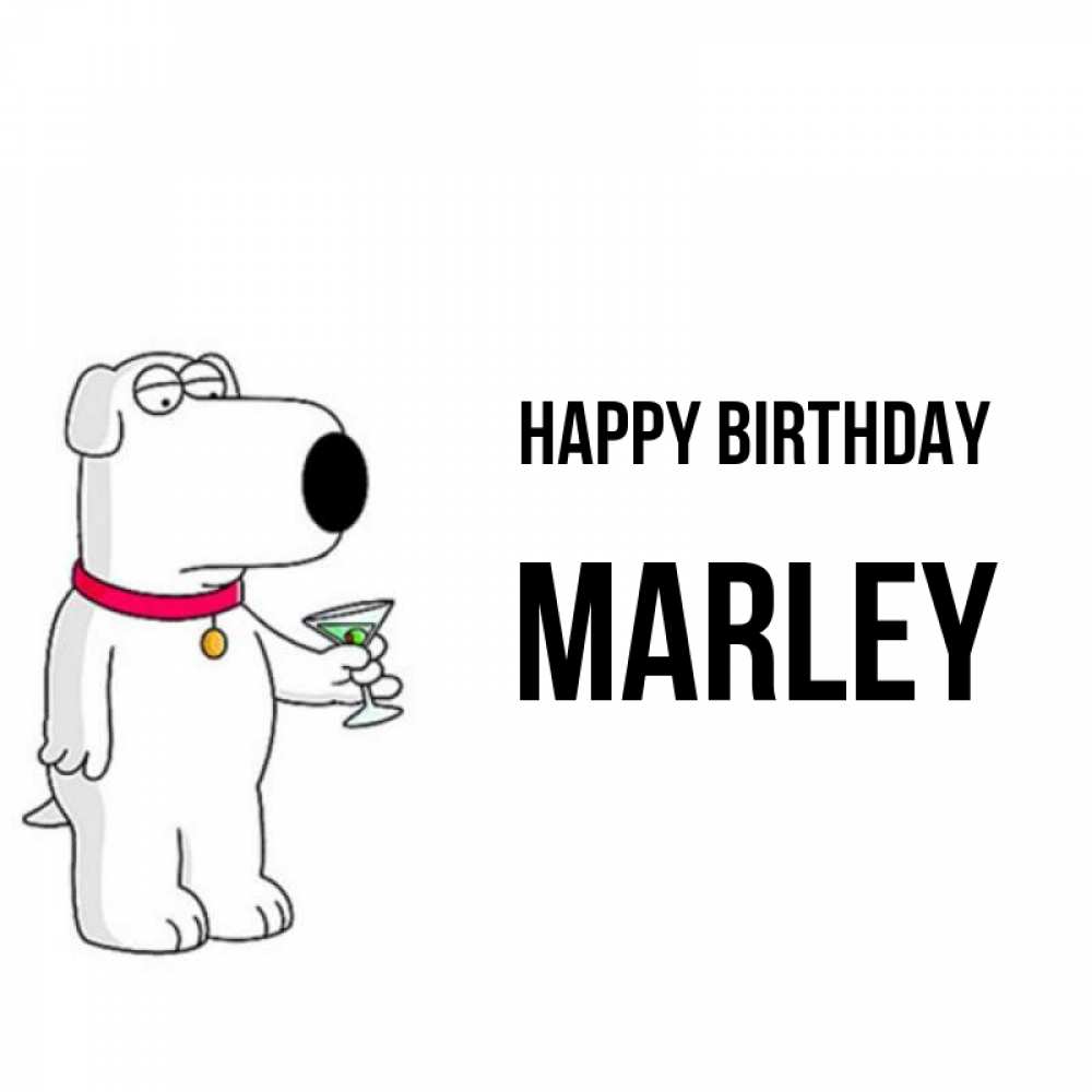 Greetings card с именем, Marley Happy Birthday песик с оливками Greetings with text for free download 