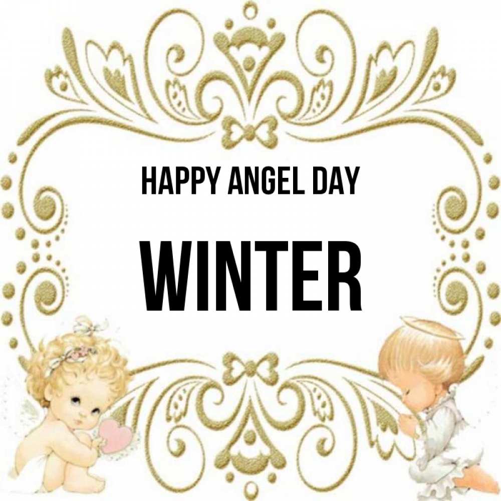 Greetings card с именем, Winter happy angel day с именинами поздравляют два красивых ангела. Один с сердечком другой молится Greetings with text for free download 