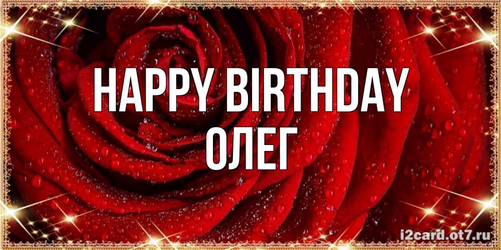 Greetings card с именем, Олег Happy Birthday роса на розе блестящая в лучах солнца Greetings with text for free download 