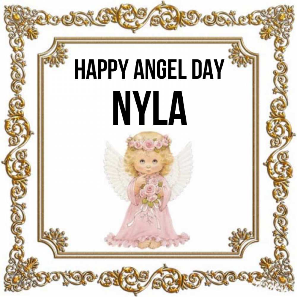 Greetings card с именем, Nyla happy angel day девочка ангел с крыльями и цветами в розовом платье Greetings with text for free download 