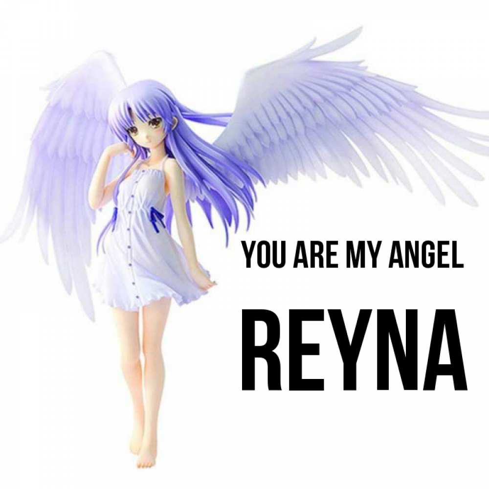 Greetings card с именем, Reyna You are my angel девушка ангел с фиолетовыми крыльями Greetings with text for free download 