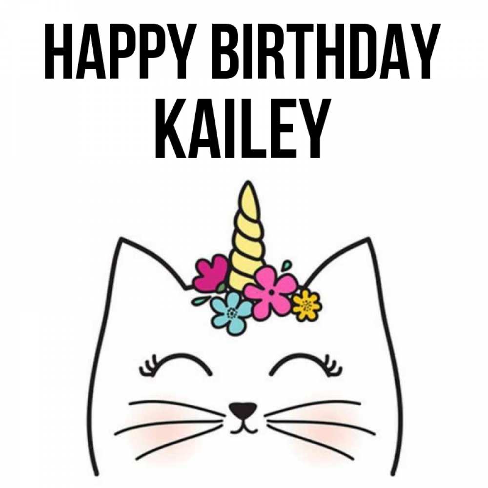 Greetings card с именем, Kailey Happy Birthday милый кот с одним рожком Greetings with text for free download 