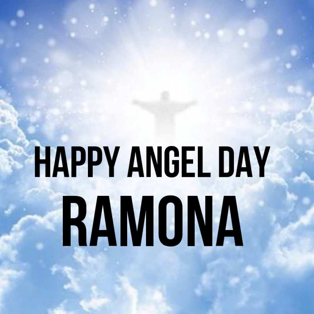 Greetings card с именем, Ramona happy angel day ангел на облаках в свете солнца Greetings with text for free download 