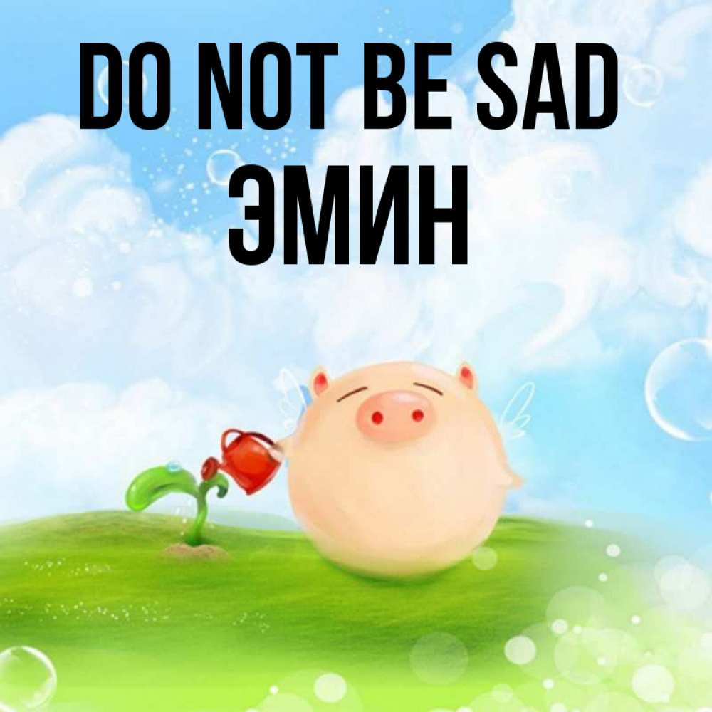 Greetings card с именем, Эмин Do not be sad поливает цветок порося Greetings with text for free download 