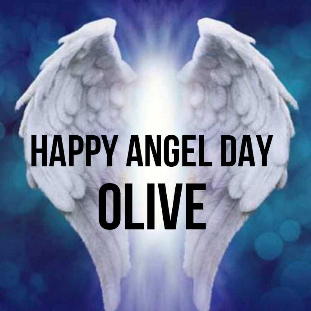 Greetings card с именем, Olive happy angel day синий фон и крылышки Greetings with text for free download 