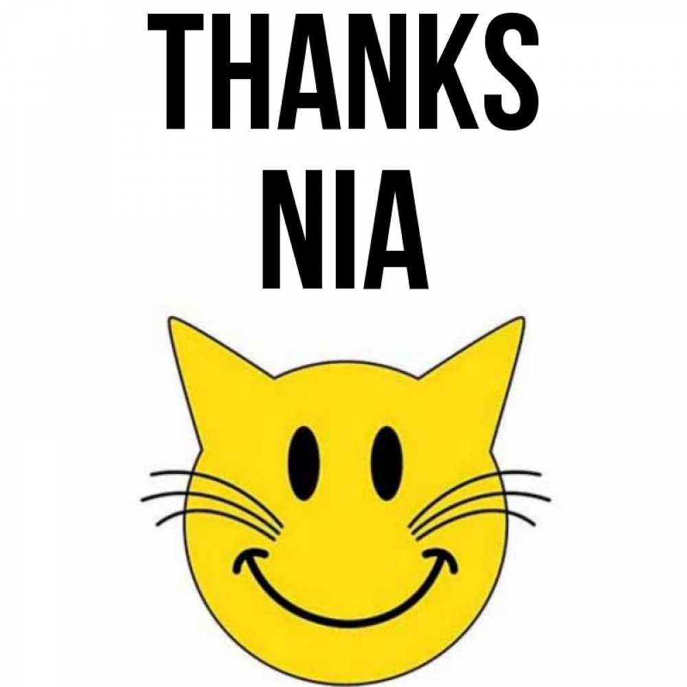 Greetings card с именем, Nia Thanks улыбающийся смайл кот Greetings with text for free download 