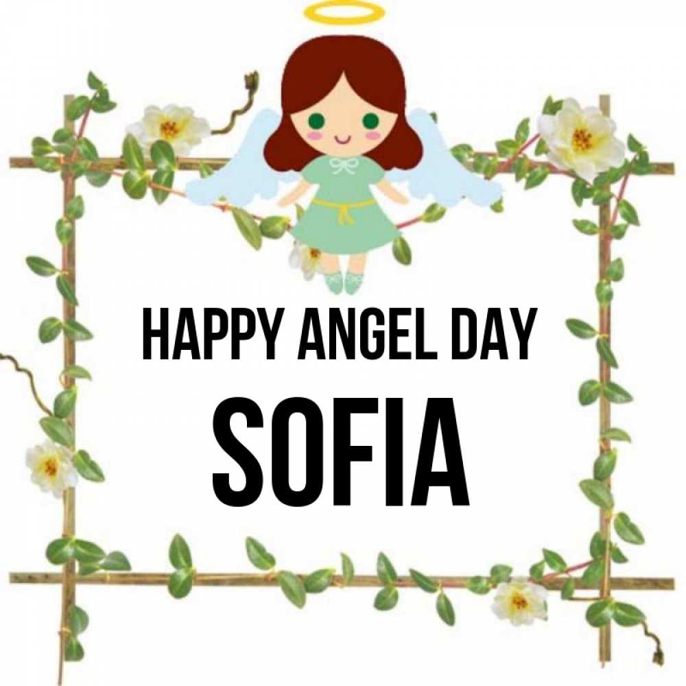 Greetings card с именем, Sofia happy angel day Ангел с нимбом Greetings with text for free download 