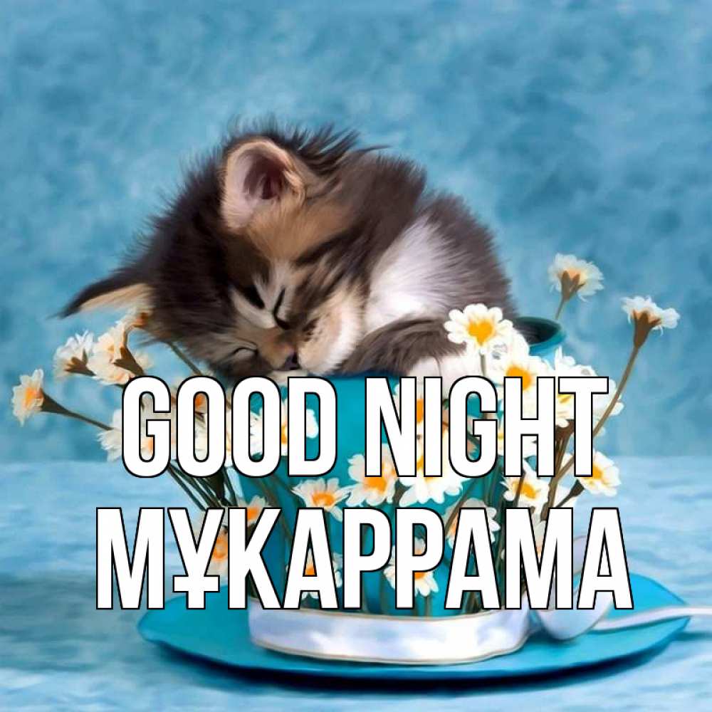 Greetings card с именем, МҰКАРРАМА Good night котенок спит в кружке с блюдцем Greetings with text for free download 