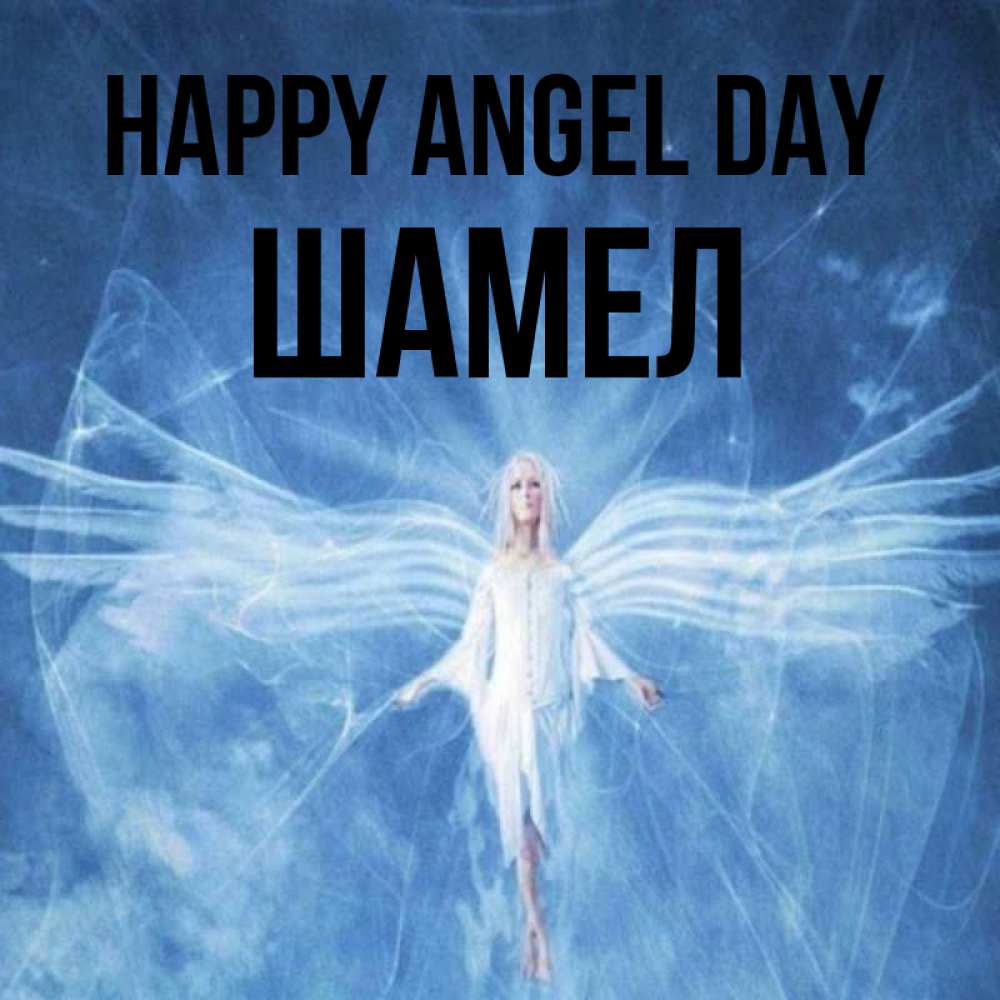 Greetings card с именем, ШАМЕЛ happy angel day голубой фон и крылья как у стрекозы Greetings with text for free download 