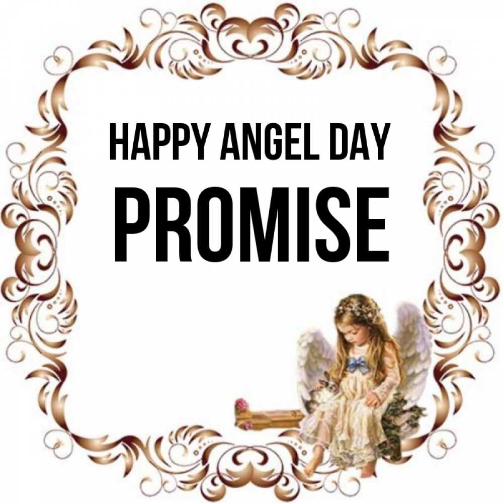 Greetings card с именем, Promise happy angel day рамочка из перьев и ангелочек Greetings with text for free download 