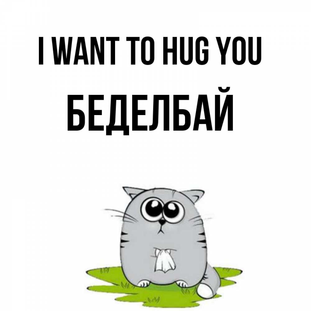 Greetings card с именем, Беделбай I want to hug you котик теребит платочек сидя на травке Greetings with text for free download 