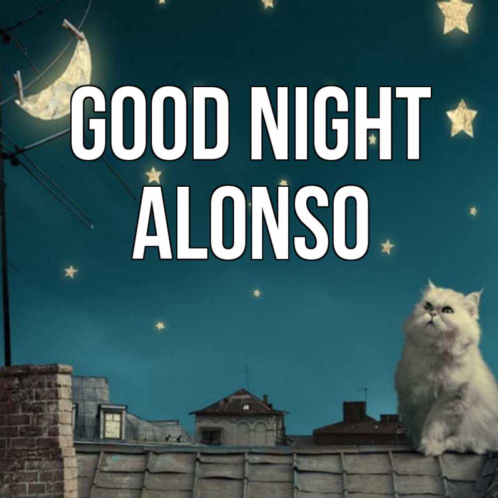 Greetings card с именем, Alonso Good night белый кот сидит на крыше Greetings with text for free download 