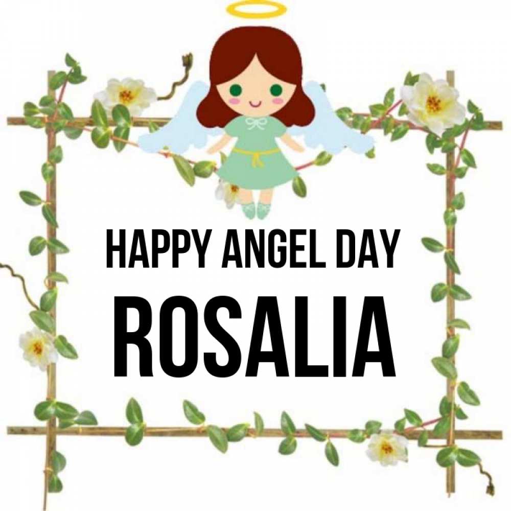 Greetings card с именем, Rosalia happy angel day Ангел с нимбом Greetings with text for free download 