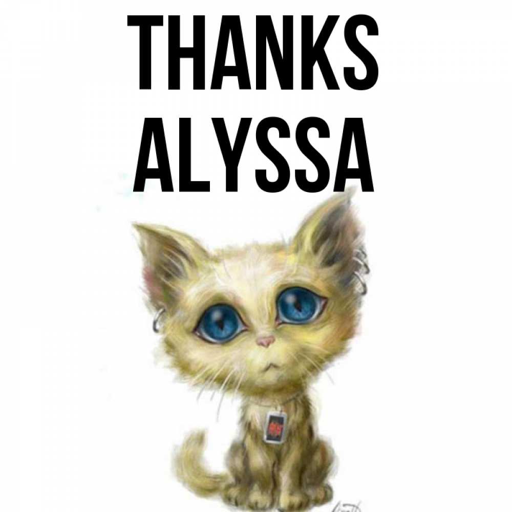 Greetings card с именем, Alyssa Thanks рисованный кот благодарит вас Greetings with text for free download 