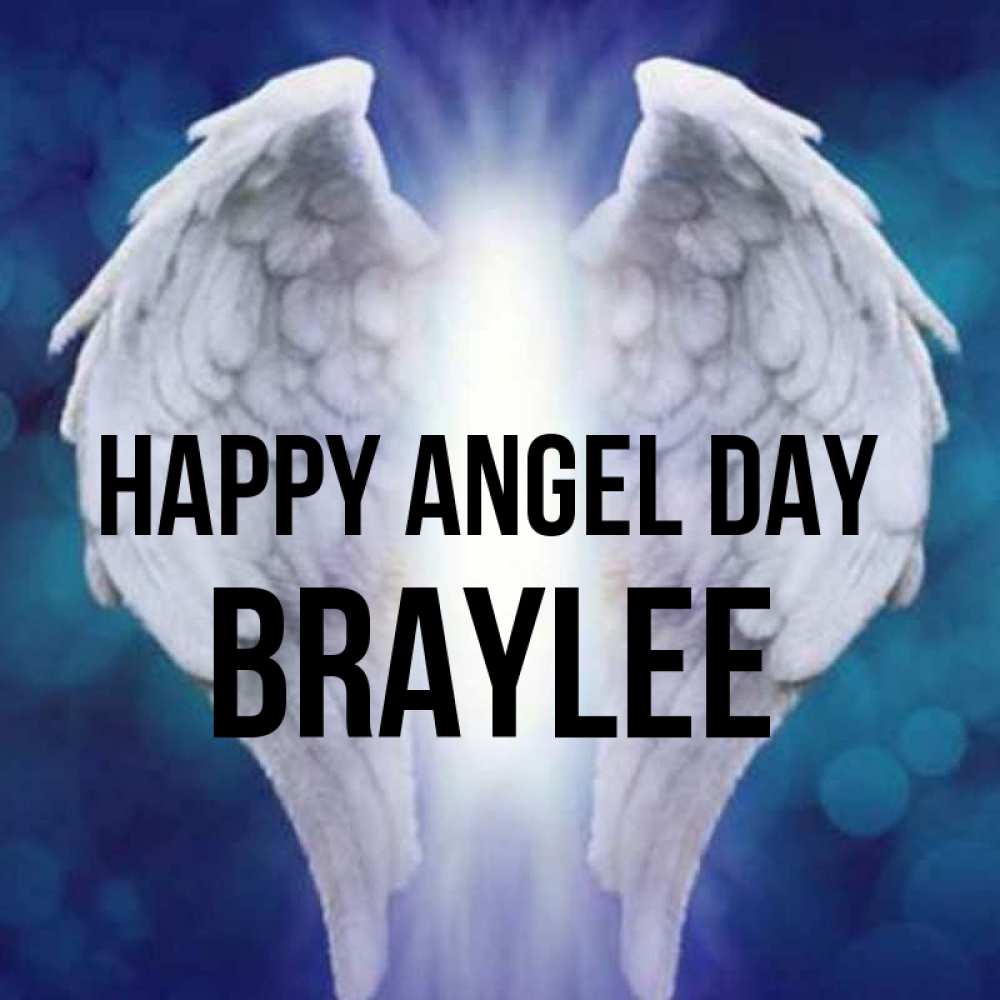 Greetings card с именем, Braylee happy angel day синий фон и крылышки Greetings with text for free download 