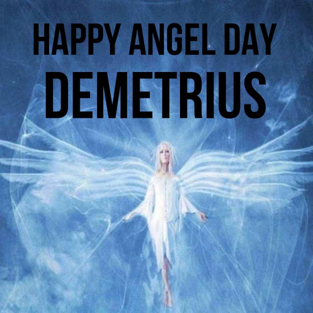 Greetings card с именем, Demetrius happy angel day голубой фон и крылья как у стрекозы Greetings with text for free download 