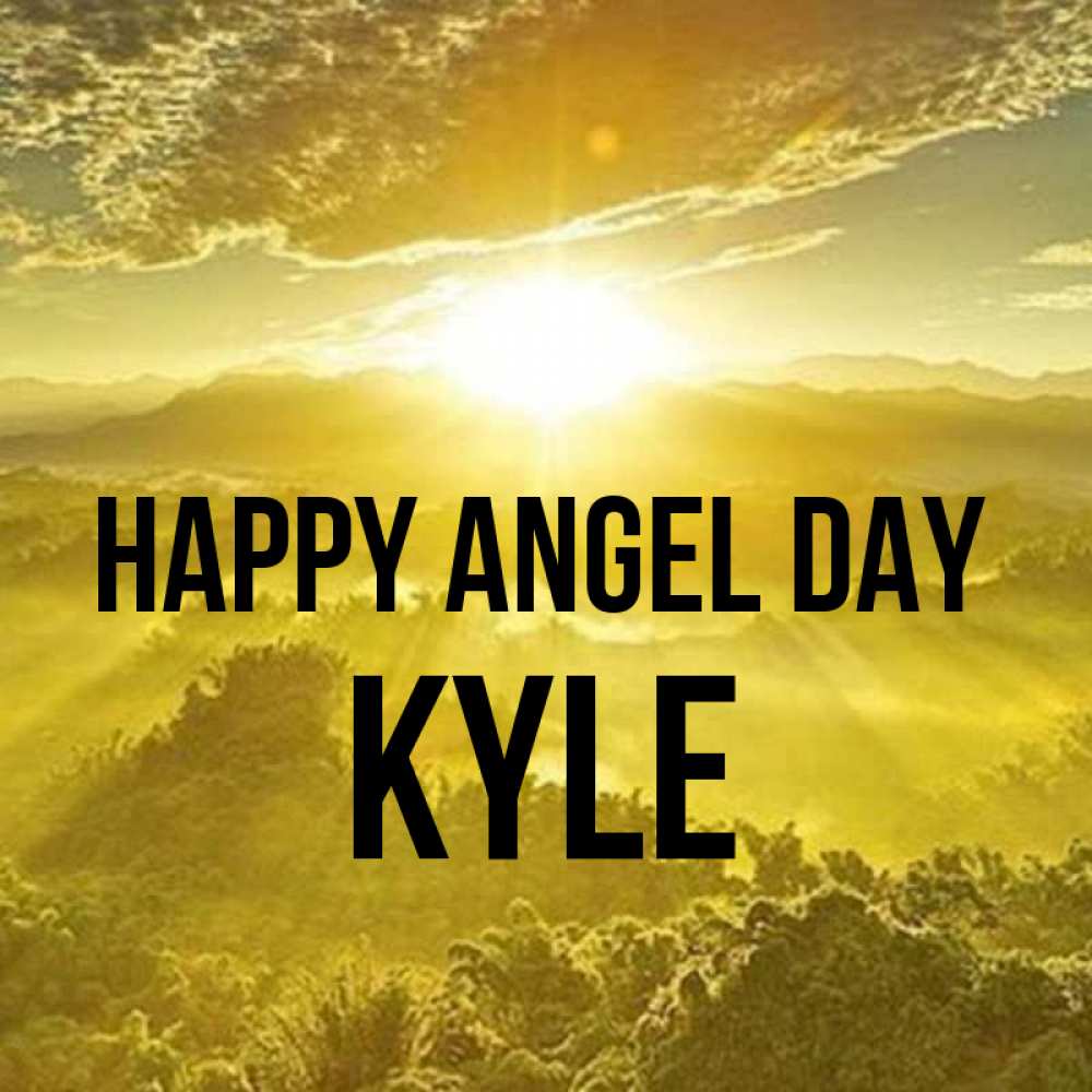 Greetings card с именем, Kyle happy angel day леса и небо в желтом Greetings with text for free download 
