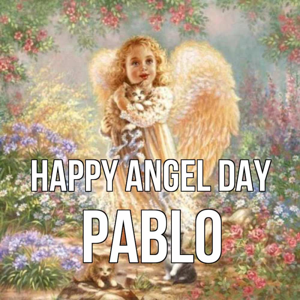 Greetings card с именем, Pablo happy angel day держит котенка Greetings with text for free download 