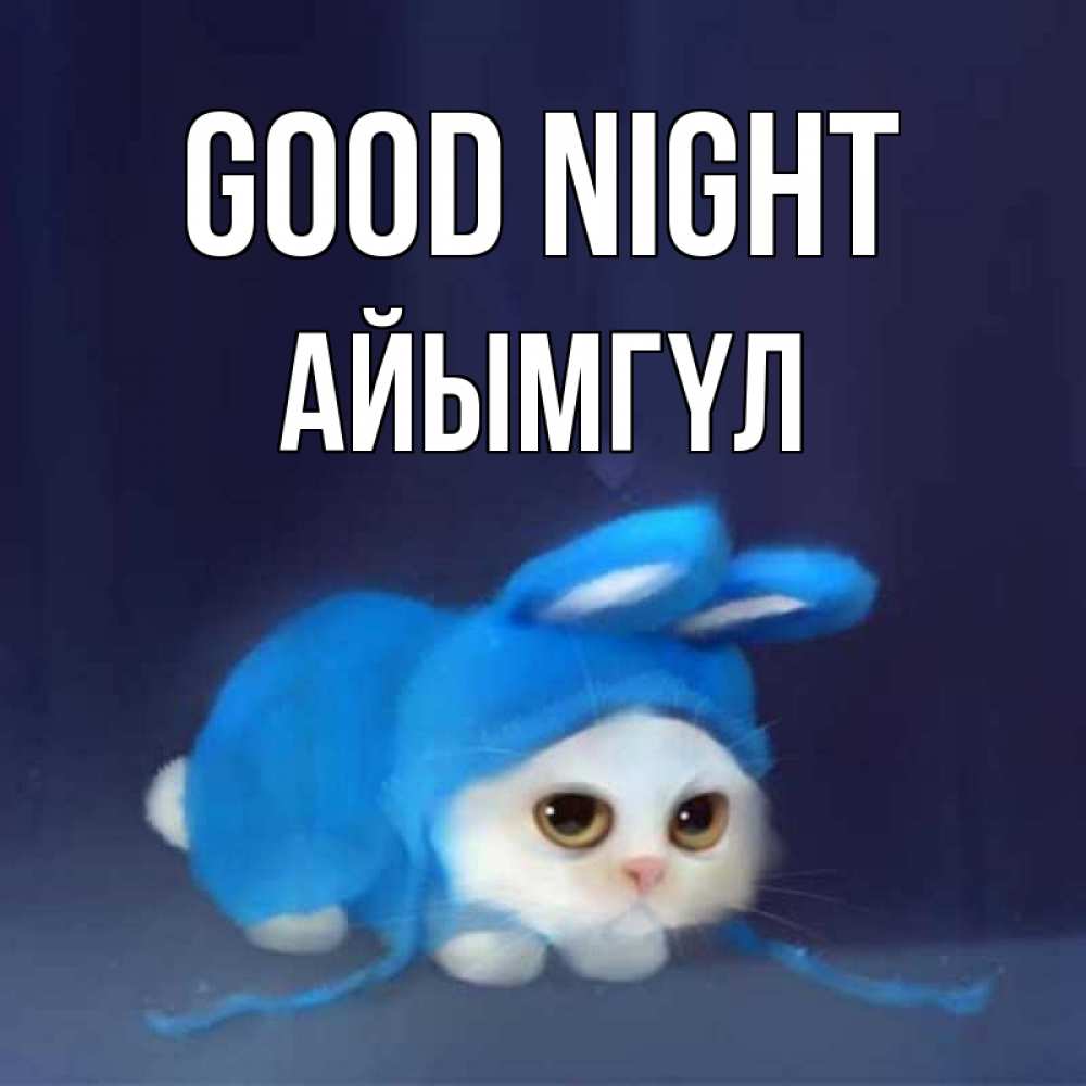 Greetings card с именем, АЙЫМГҮЛ Good night кот в голубом костюме кролика с ушками Greetings with text for free download 