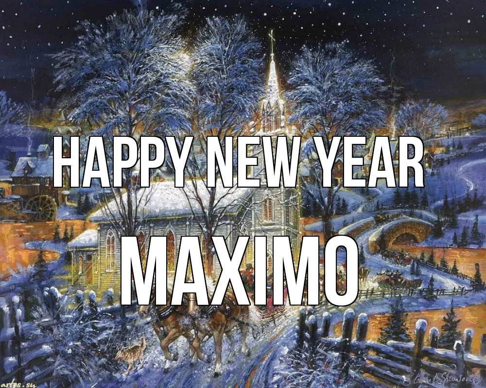 Greetings card с именем, Maximo Happy New Year упряжка лошадей, лошади, новый год Greetings with text for free download 