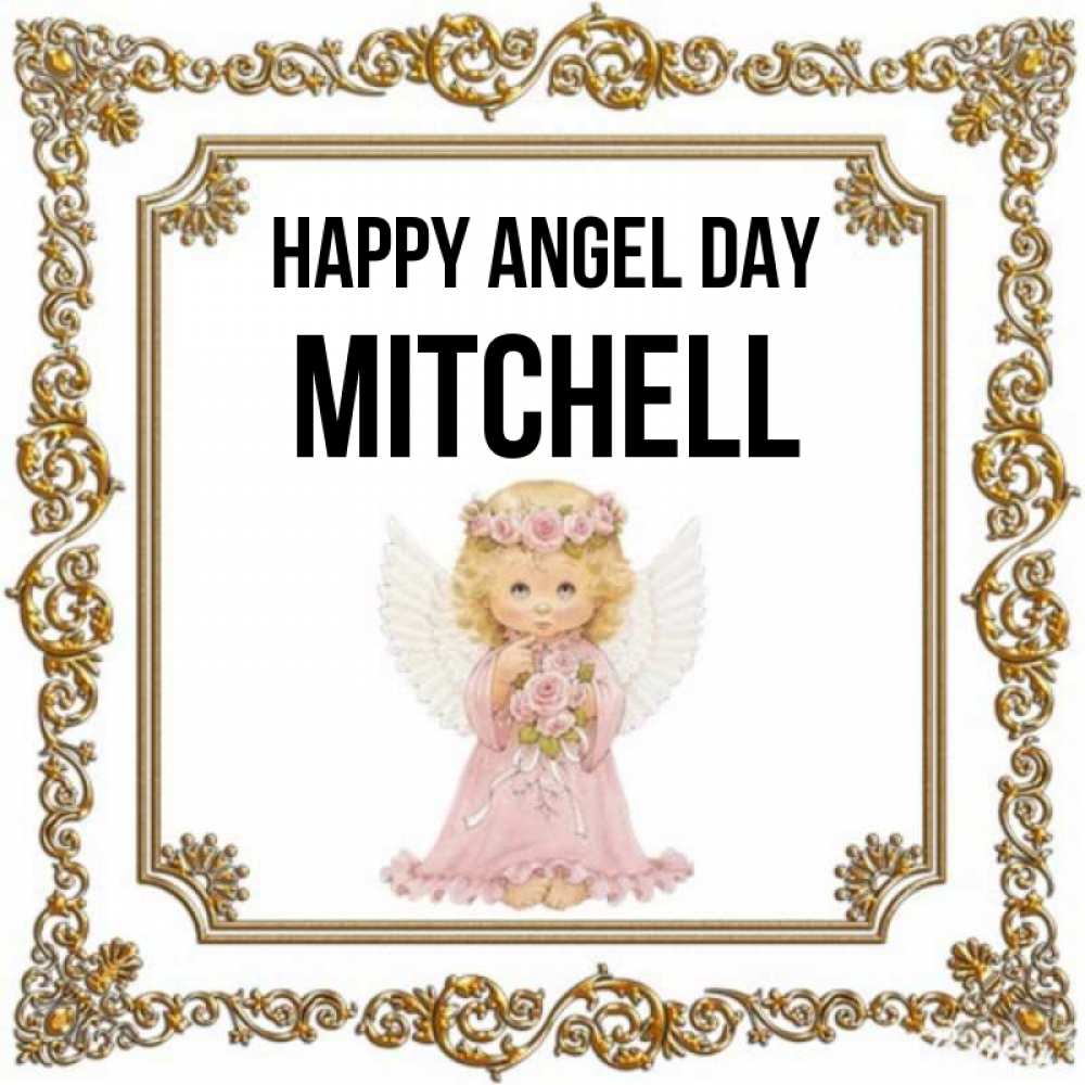 Greetings card с именем, Mitchell happy angel day девочка ангел с крыльями и цветами в розовом платье Greetings with text for free download 