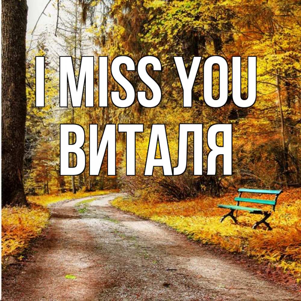 Greetings card с именем, Виталя I miss you зеленая лавочка и осенний лес Greetings with text for free download 