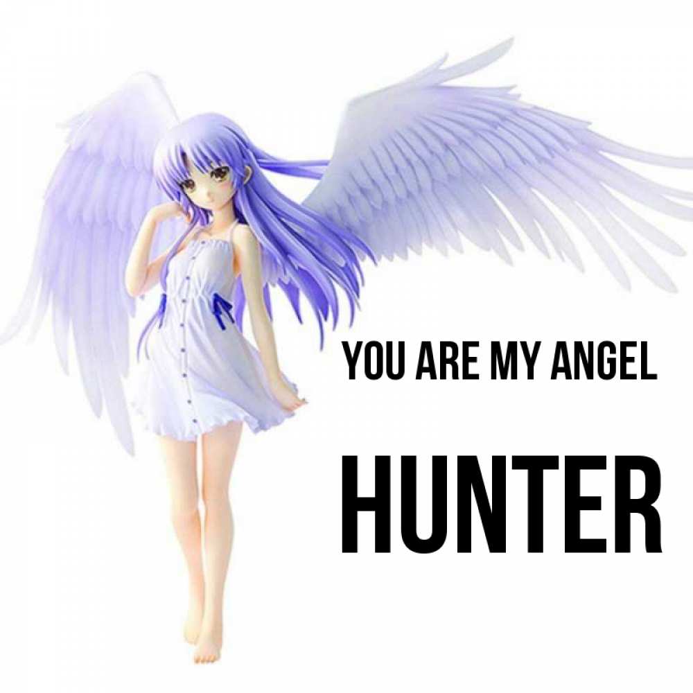 Greetings card с именем, Hunter You are my angel девушка ангел с фиолетовыми крыльями Greetings with text for free download 
