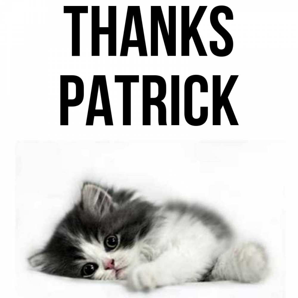 Greetings card с именем, Patrick Thanks черный и белый кот Greetings with text for free download 